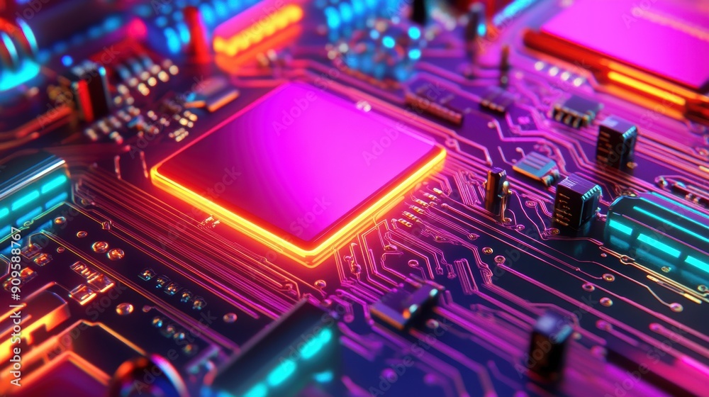 Poster an abstract neon circuit board design with colorful glowing elements in a captivating pattern