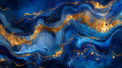 fluid marble patterns in deep blue and shimmering gold creating dynamic swirling designs and luxurious visual textures