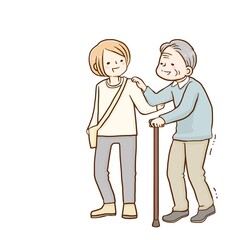 杖をついて歩く老人と介助する人