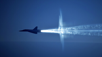 Military Jet Flying at High Speed With Sonic Boom Over Open Ocean at Dusk
