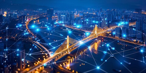 Obraz premium An artistic representation of a city at night, where the bridge, lights, and river converge to create a captivating urban landscape.