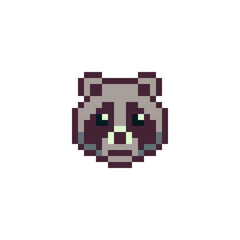 Raccoon head animal abstract logo for game design. Pixel art style. 8-bit. Isolated vector illustration. Game assets. Design for stickers, web, mobile app.