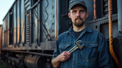 Portrait of a diesel mechanic with a wrench, standing next to a diesel locomotive