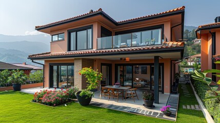 Obraz premium Luxurious villa with scenic mountain backdrop at twilight