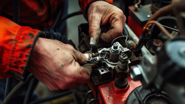 Close-up of hands of a small engine mechanic adjusting a leaf blower carburetor