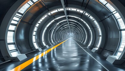 The corridor full of future technology, orange lights and metal structures complement each other, showing a mysterious atmosphere.