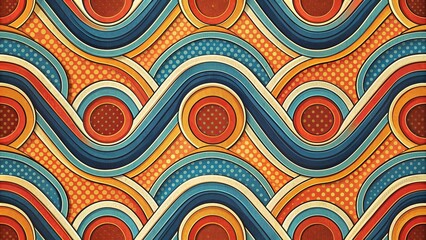 Fototapeta premium Vintage S-shape pattern in orange, blue, and red, retro, 70s, groovy, funky, abstract, vibrant, colorful, geometric