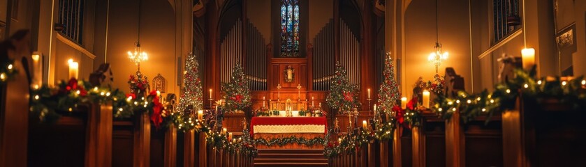 Fototapeta premium Spirit of Christmas: Joyful Choir at Candlelit Church Service with Decorated Altar