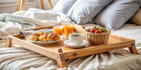 Fototapeta premium A cozy breakfast tray on a neatly made bed, morning, relaxation, cozy, luxurious, indulgence, home, room service, comfort, romantic