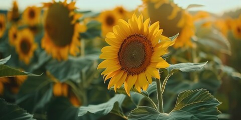 Fototapeta premium Fresh sunflowers with green leaves and vivid yellow petals in a field on farmland captured in soft focus from behind