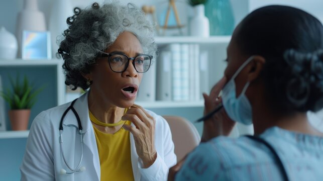 A speech-language pathologist evaluating a patient's swallowing abilities during a clinical assessment.