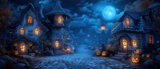 Obraz premium Enchanting Halloween village at night with glowing windows, pumpkins, and a full moon illuminating the eerie atmosphere.
