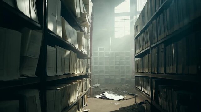 Large warehouse of archival documents. A vast warehouse filled with towering shelves, each lined with dusty boxes of historical documents waiting to be explored. FHD video.