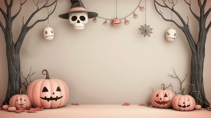 Fototapeta premium Spooky Halloween scene featuring pumpkins, skulls, and eerie decorations, perfect for seasonal celebrations.