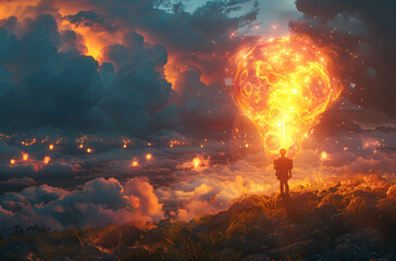 a person standing on a hill with a large explosion

