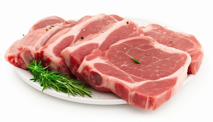 Fototapeta premium Raw Pork Chops with Rosemary and Seasoning on a White Plate