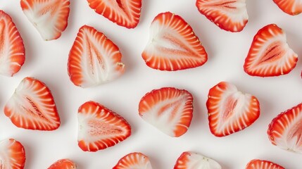 Artistic arrangement of strawberry slices, showcasing the fruit's internal structure. The juicy red and white contrast is highlighted on a clean white backdrop