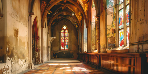 Obraz premium Abandoned Church: Beautiful and Haunting Interior, Exploring History: The Interior of an Abandoned Church