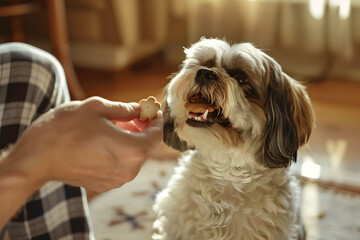 Front view crop of a male hand offering a treat cookie to an obedient Shih Tzu dog, who is eagerly receiving the reward from its male keeper at home. The scene captures the dog's delighted expression 