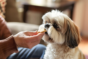 Front view crop of a male hand offering a treat cookie to an obedient Shih Tzu dog, who is eagerly receiving the reward from its male keeper at home. The scene captures the dog's delighted expression 
