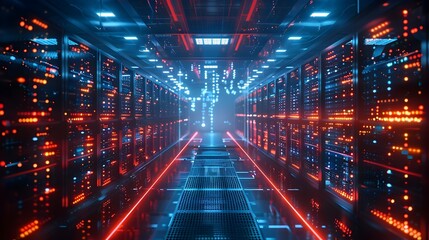 Futuristic High Tech Data Center with Blinking Servers and Holographic Displays