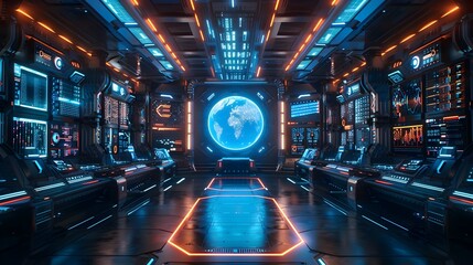 Futuristic High Tech Command Center with Holographic Screens and Touch Interfaces in Dark Cyber Background