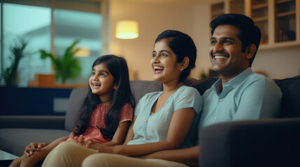 happy family watching television