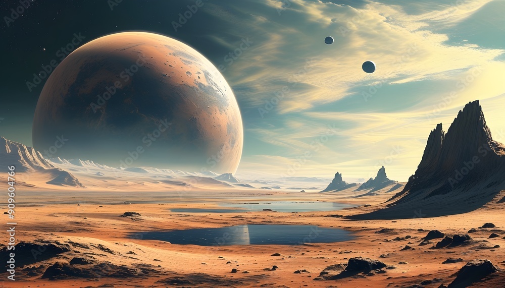 Wall mural the vast desert landscape and the magnificent planets complement each other in the distant universe.