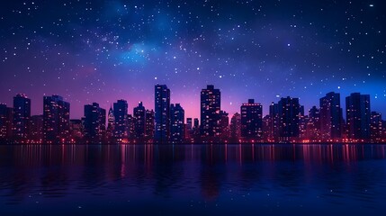 Illuminated Urban Skyline Against Starry Night Sky with Soft Twilight Glow