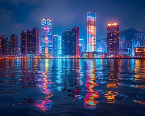 Fototapeta premium Mesmerizing Night Skyline of a Vibrant City with Towering Skyscrapers and Colorful Lights Reflected on River