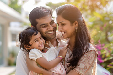 Naklejka premium happy family mother father and little girl standing in front of home