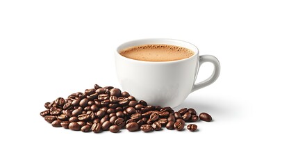 A steaming cup of coffee sits beside a pile of roasted coffee beans on a clean white background, showcasing the rich aroma and texture of freshly brewed coffee. 