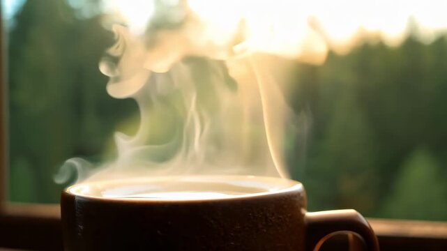 Close-up of a mug of aromatic hot tea or coffee stands on a wooden table by the window of a country house in the forest. Morning with an aromatic drink that charges you with energy for the whole day.