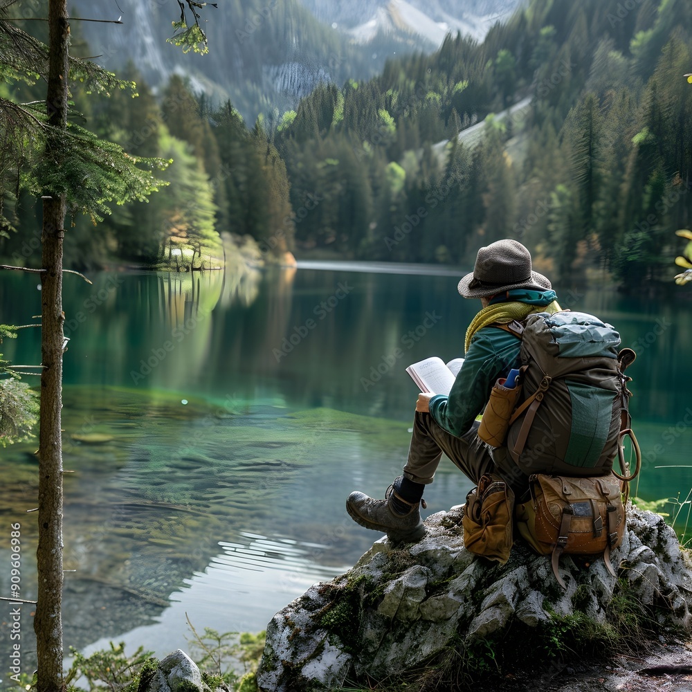 Canvas Prints tranquil moment of contemplation for a backpacker amid serene lake scenery