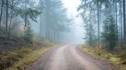 Obraz premium A Foggy Forest Path Winding Through Tall Trees