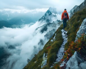 Hiker Navigating Narrow Path on Misty Mountain Landscape with Clouds Below