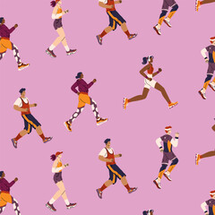 Seamless pattern with people in sportswear jogging. Happy and fulfilling life. Sports marathon running. Daily activity and healthy lifestyle. Vector illustration isolated on transparent background.