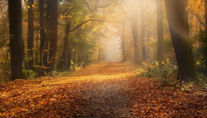Fototapeta premium Golden Tranquility: A Forest Path Through Autumn's Rainfall autumn, forest, fall, nature, Golden Tranquility: A Forest Path Through Autumn's Rainfall autumn, forest, fall, nat, tree, landscape, leaves