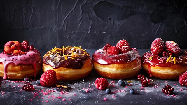 Four donuts with different toppings, including raspberries and blueberries. The donuts are arranged in a row on a counter
