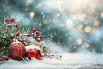 Christmas greeting card with bright winter holiday composition and New Year background