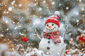 Obraz premium Christmas greeting card with bright winter holiday snowman and New Year background