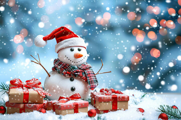 Obraz premium Christmas greeting card with bright winter holiday snowman and New Year background