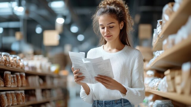 Woman reading ingredients list on packaged food.