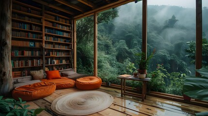 a wooden house in the mountains, surrounded by green trees and plants. the room is decorated with bamboo furniture, with bookshelves on one wall and orange cushions