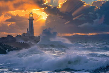 Generative ai on theme of large retro lighthouse with beam of bright light shining out to blue sea