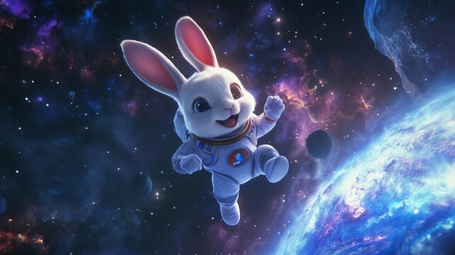 Rabbit in a spacesuit, floating in space on galaxy background