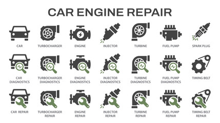 Car engine repair icons, such as turbo charger diagnostics, fuel injector, turbine, spark plug and more. Vector illustration. Easily changes to any color.