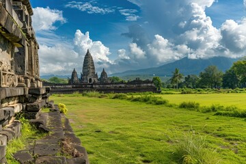 Ancient stone ruins on green field and Candi Prambanan or Rara Jonggrang, Hindu temple compound on background. Impressive architectural site. Yogyakarta, Central Java, Indonesia with generative ai