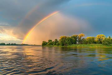 Naklejka premium Generative ai on theme of beautiful tranquil landscape with magical bright rainbow at cloudy sky