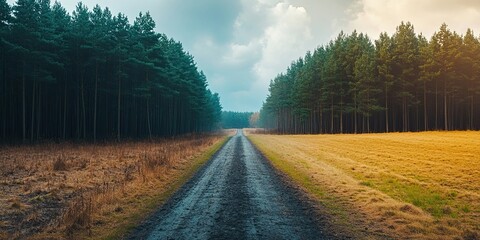 A dirt road through a forest with contrasting light and shadows